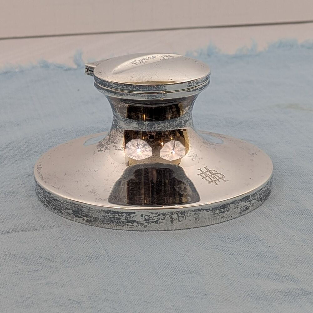 Antique Silverplate Capstan Inkwell, Hinged Lid Gold Wash Interior Monogrammed
